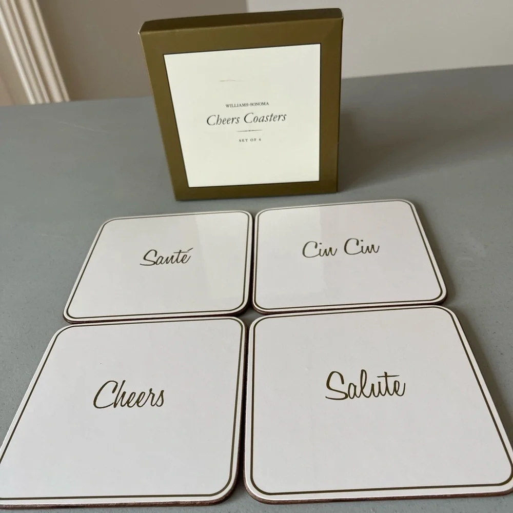 Williams - Sonoma Cheers Coaster set of 4 party holiday drinks  EUC drinks cork